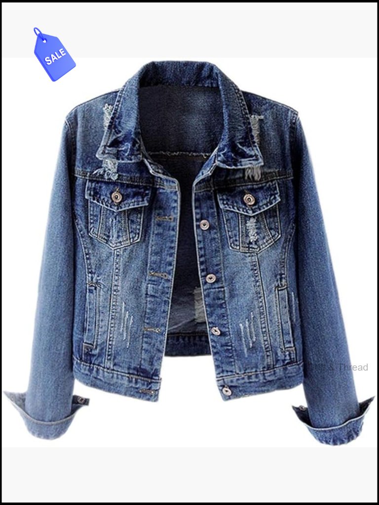 Distressed Ripped Denim Jacket Long Sleeve Button Down Jean Coat